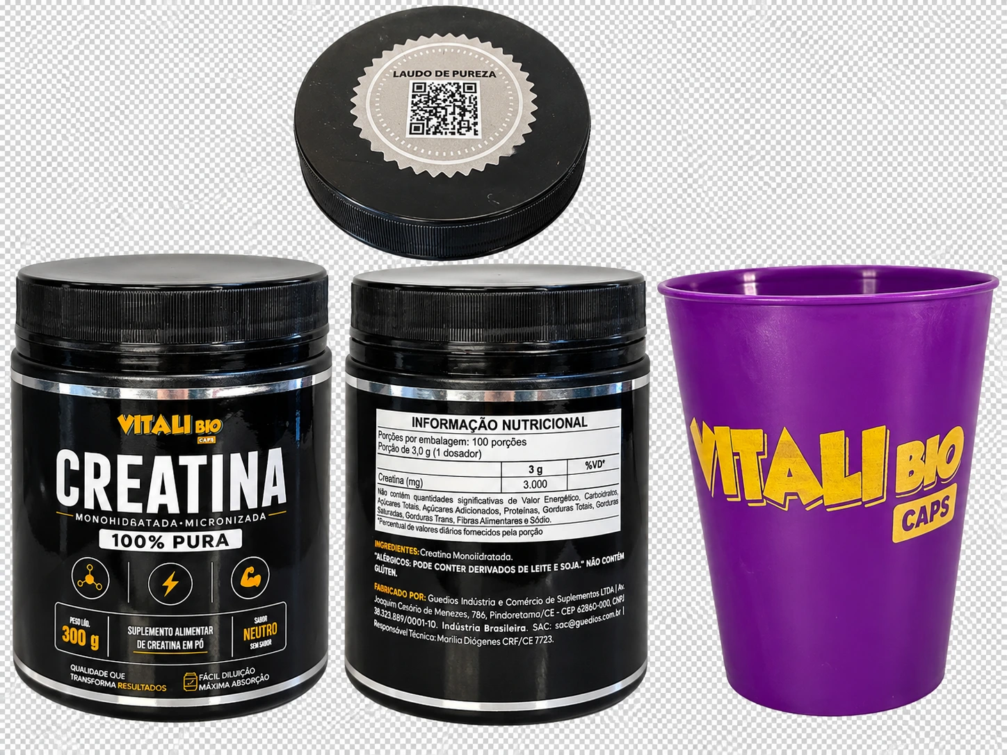 Detalhes da embalagem e copo Vitali Bio